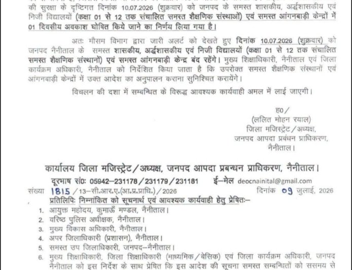 नैनीताल में मौसम का कहर: 10 जुलाई को स्कूल और आंगनबाड़ी केंद्र बंद रहेंगे भारी बारिश के ‘ऑरेंज अलर्ट’ के चलते