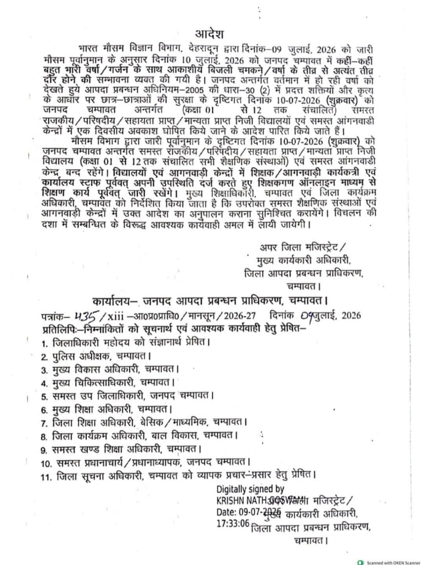 चंपावत: मौसम पूर्वानुमान के अनुसार कल स्कूलों में भारी बारिश, छुट्टी की घोषणा