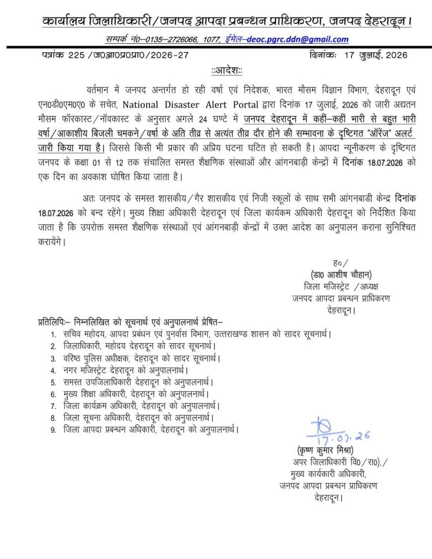 उत्तराखंड: देहरादून में कल स्कूलों की छुट्टी, भारी बारिश का अलर्ट