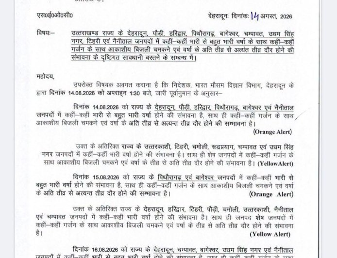 देहरादून :(बड़ी खबर) इन जिलों में कल भारी बारिश का अलर्ट जारी