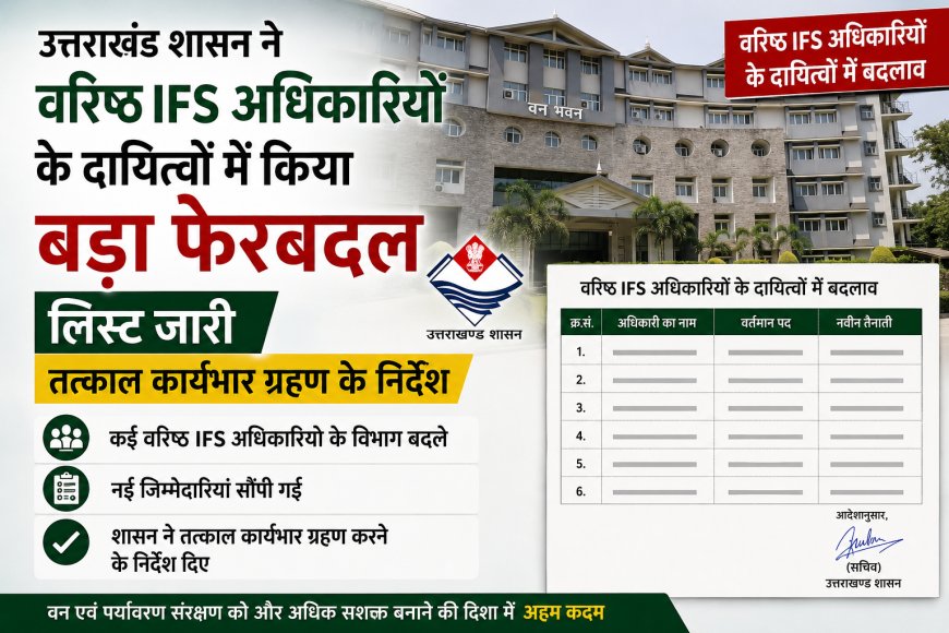 उत्तराखंड सरकार ने वरिष्ठ IFS अधिकारियों के दायित्वों में किया महत्वपूर्ण फेरबदल, सूची जारी