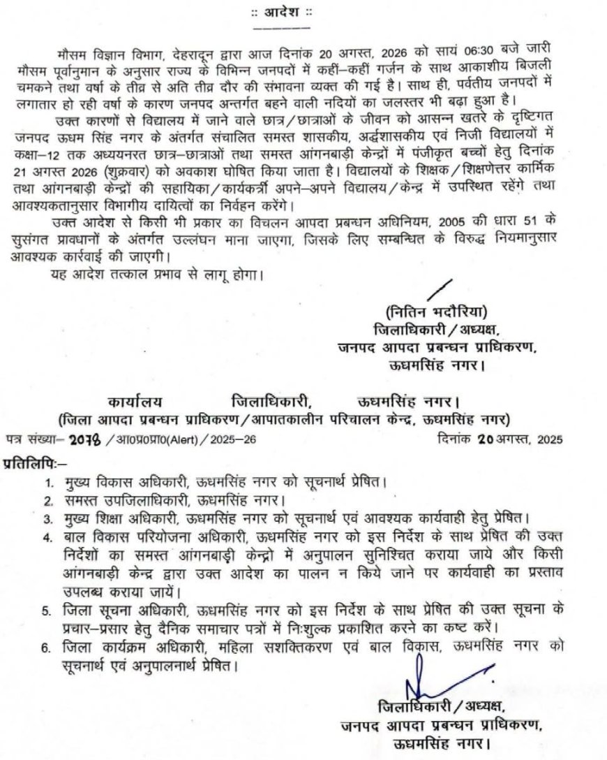उत्तराखंड में 21 अगस्त को ऊधमसिंह नगर में स्कूलों की छुट्टी