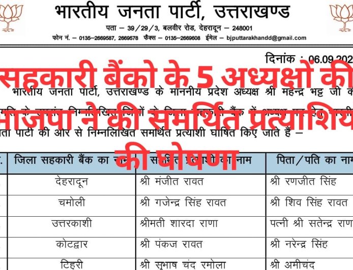 भाजपा ने की जारी 5 जिला सहकारी बैंकों में अध्यक्ष पद के समर्थित प्रत्याशी के नामों की घोषणा,देहरादून से होंगे मंजीत