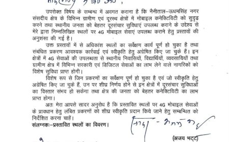 हल्द्वानी : नौ स्थानों पर 4G मोबाइल सेवा शुरू करने की मांग, सांसद अजय भट्ट ने केंद्रीय मंत्री को लिखा पत्र