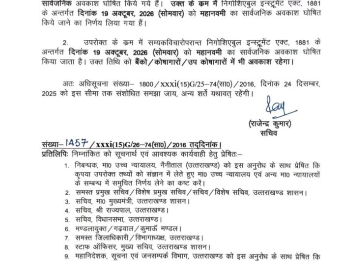 देहरादून :(बड़ी खबर) सोमवार को सार्वजनिक अवकाश घोषित
