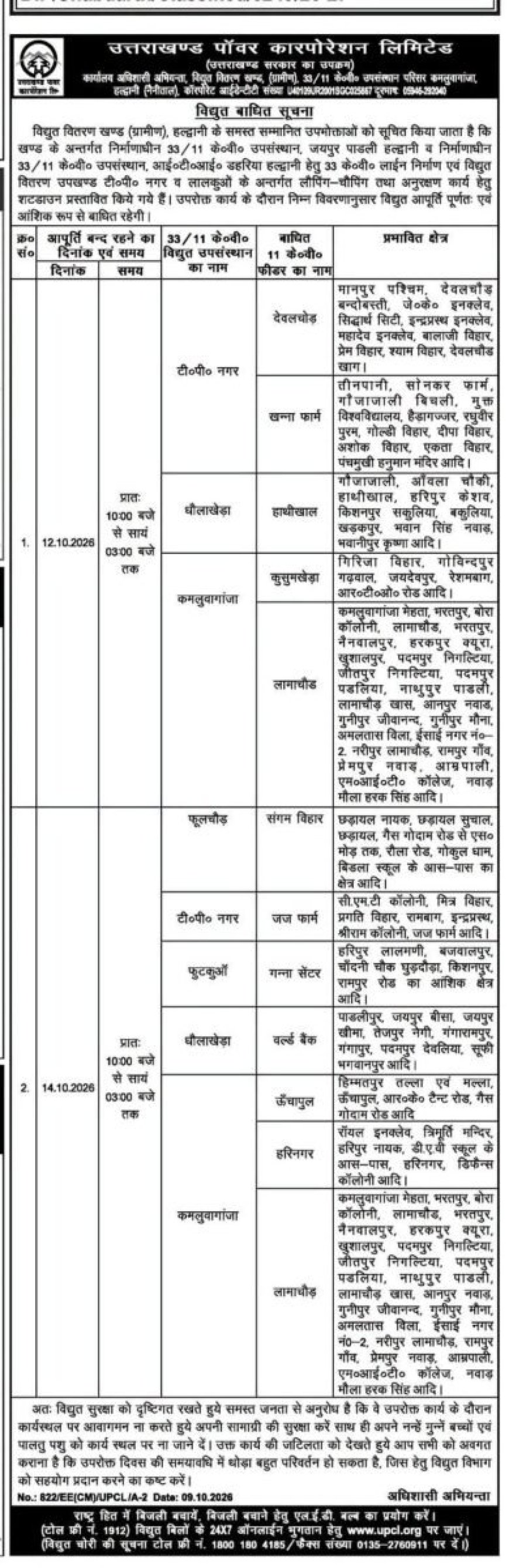 हल्द्वानी में 12 और 14 अक्टूबर को बिजली आपूर्ति में व्यवधान, सुबह 10 से शाम 3 बजे तक कटौती