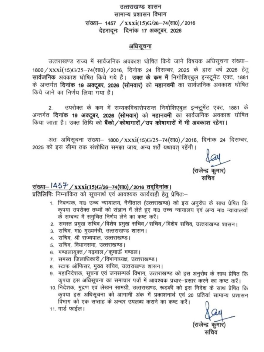 देहरादून :(बड़ी खबर) सोमवार को सार्वजनिक अवकाश घोषित
