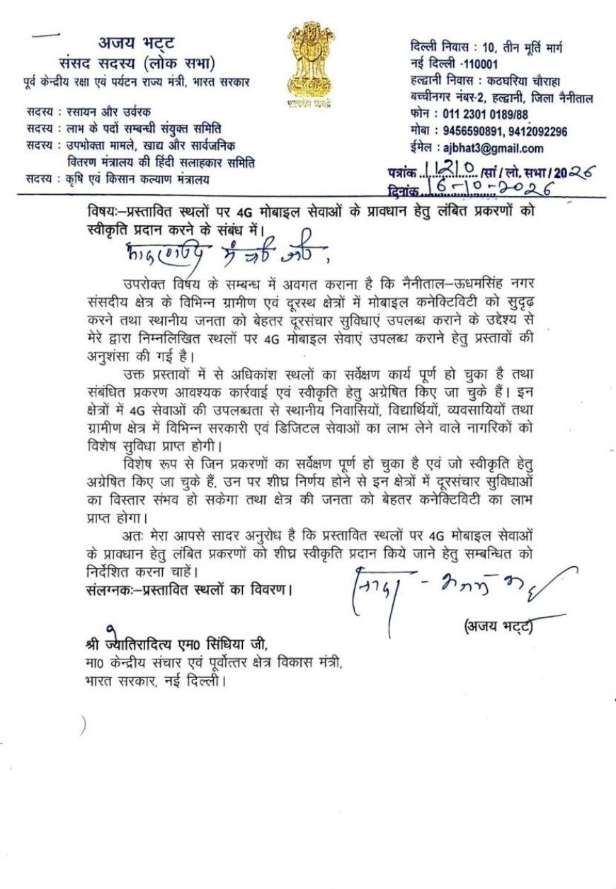 हल्द्वानी : नौ स्थानों पर 4G मोबाइल सेवा शुरू करने की मांग, सांसद अजय भट्ट ने केंद्रीय मंत्री को लिखा पत्र